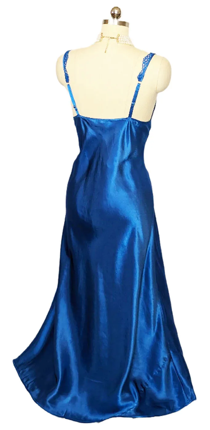 *  GLAMOROUS VINTAGE VICTORIA'S SECRET SATIN BIAS CUT NIGHTGOWN IN SAPPHIRE