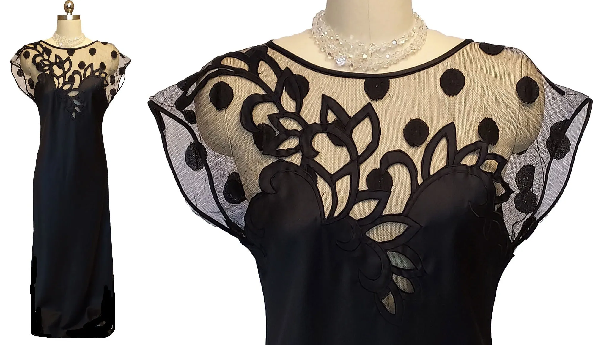 *  VINTAGE 1980S NATORI BLACK SATIN AND NET NIGHTGOWN ADORNED WITH APPLIQUES SPOTS