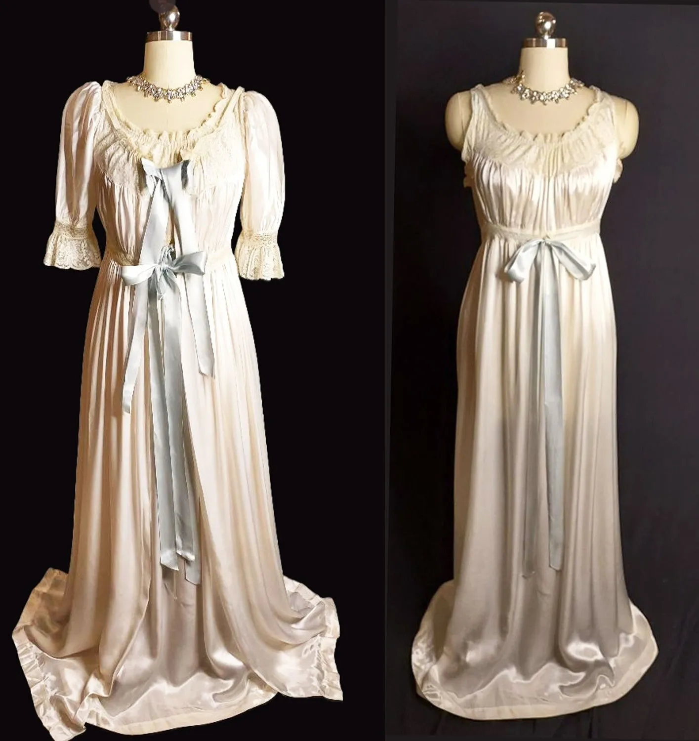 *  VINTAGE LATE '40S 'EARLY 50S VICTORIAN LOOK IRIS LACE, SATIN AND BLUE RIBBON WHITE PEIGNOIR AND NIGHTGOWN SET - ABSOLUTELY GORGEOUS