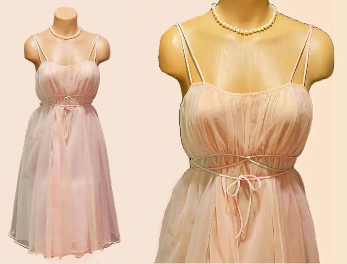 *  VINTAGE VANITY FAIR DOUBLE NYLON FANTASY NIGHTGOWN IN PINK AND MINT GREEN