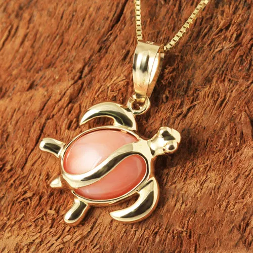 14K Yellow Gold Honu (Hawaiian Turtle) Pink Coral Inlaid Pendant (Chain Sold Separately)