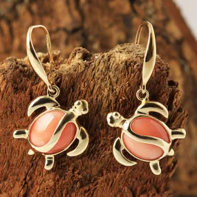 14K Yellow Gold Pink Coral Inlaid Honu (Hawaiian Turtle) Hook Earrings