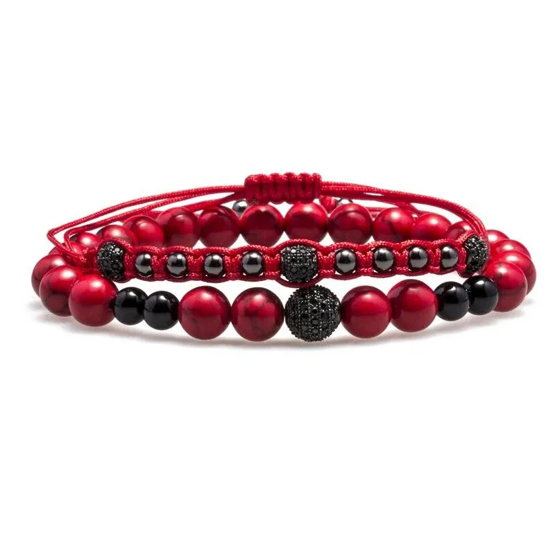 2pcs/Set Beads Male Bracelet, Micro CZ Bead Woven Men Bracelet, Braiding Cord Men Bracelet