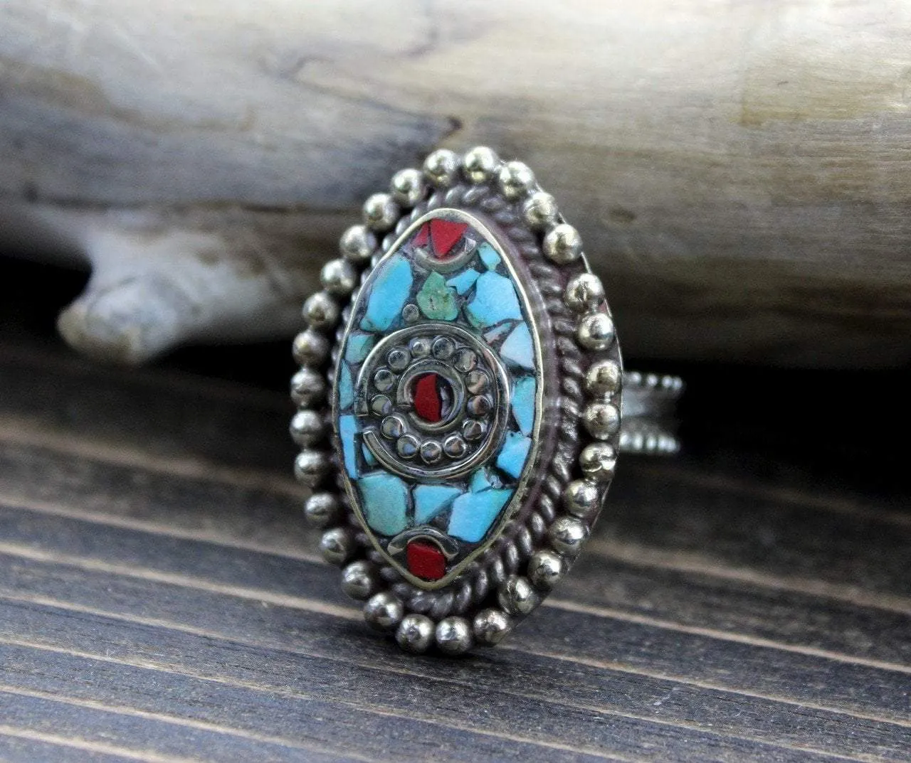 Adjustable Tibetan Coral and Turquoise Ring