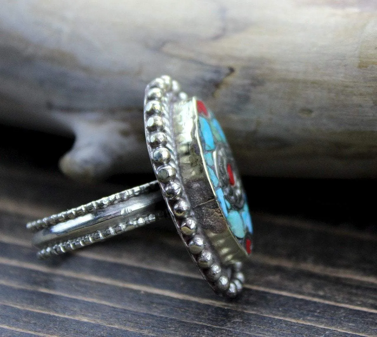 Adjustable Tibetan Coral and Turquoise Ring