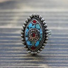 Adjustable Tibetan Coral and Turquoise Ring