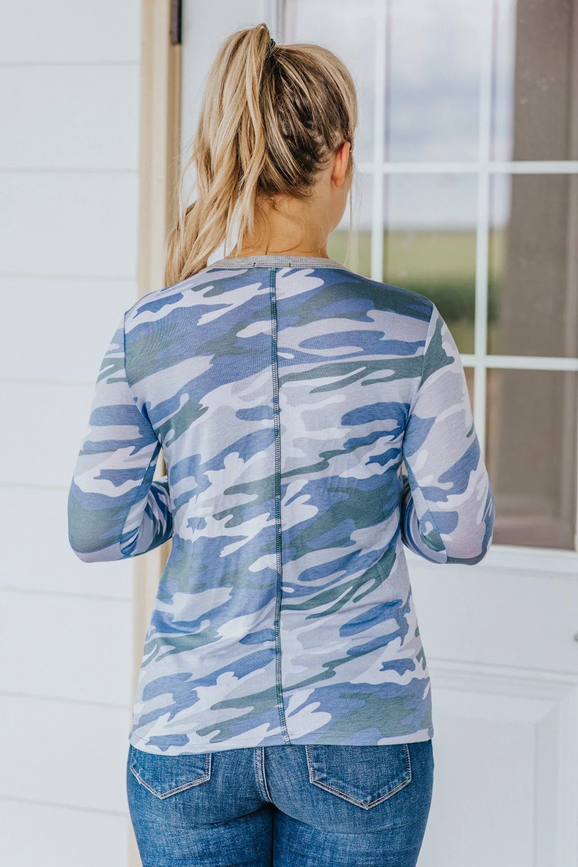 All Eyes On You Long Sleeved Top in Blue Camo