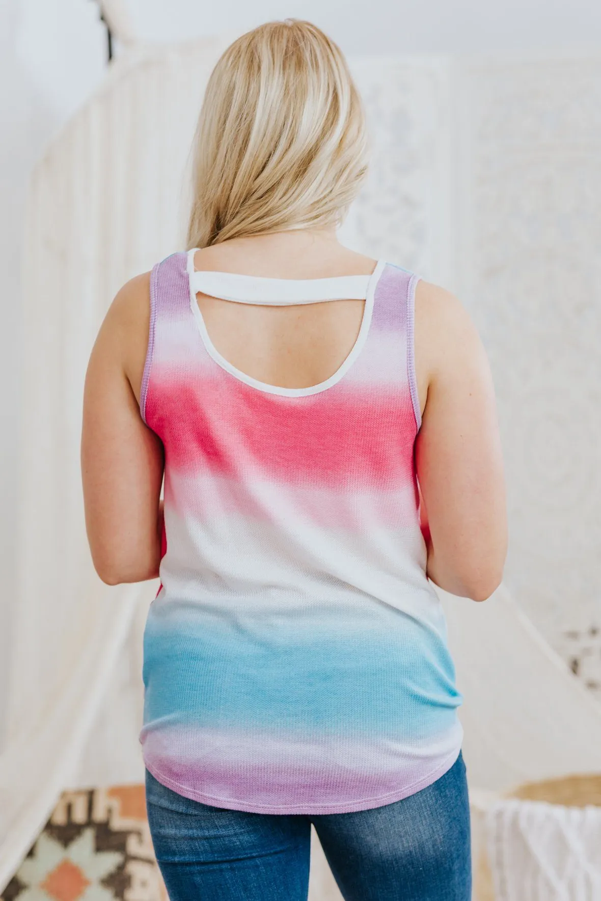 All Twisted Up Tie Dye Knotted Tank Top in Coral/Blue