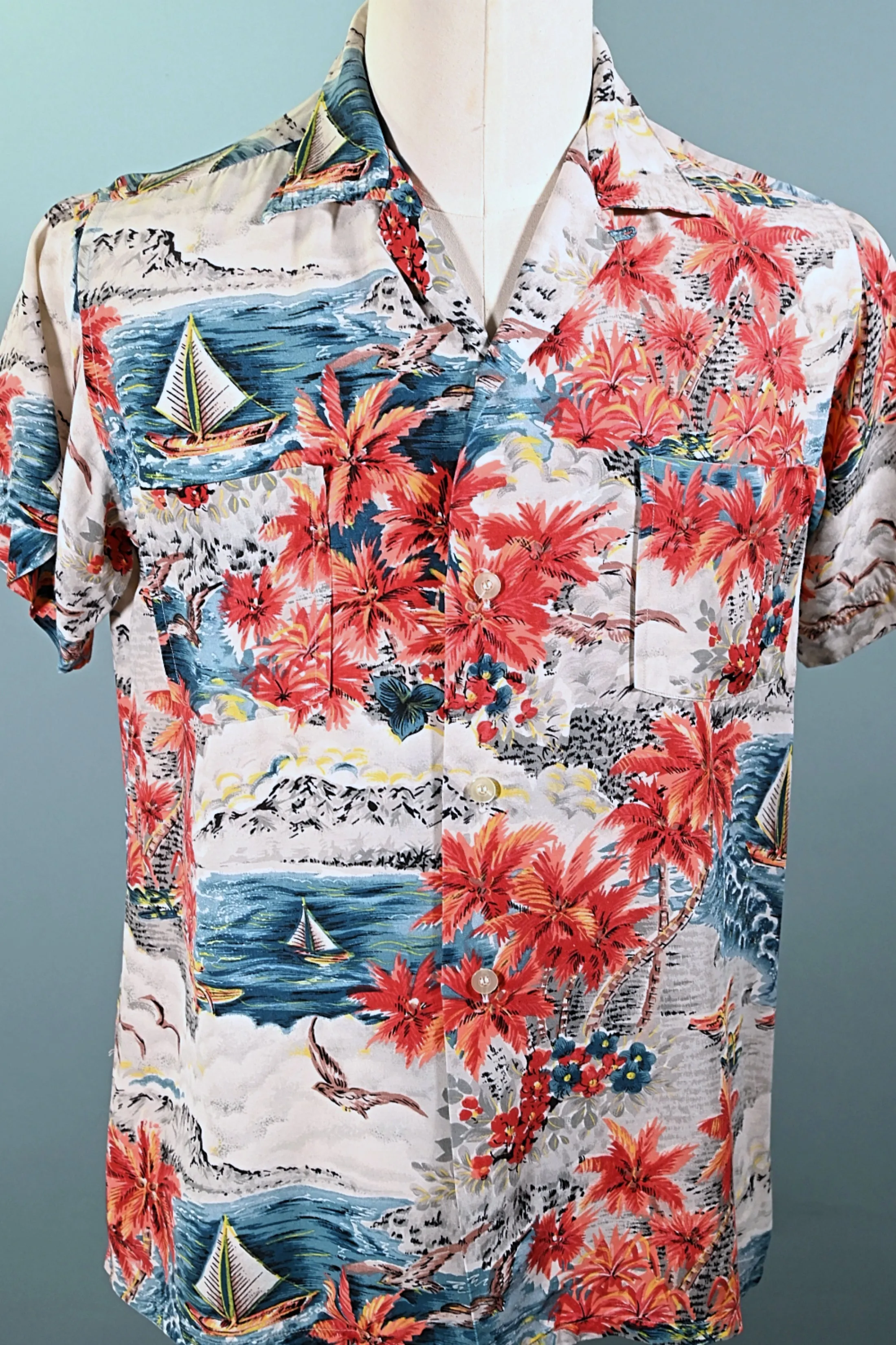 Aloha Screen Print Vintage 50s Rayon Hawaiian Shirt, Made in Japan M