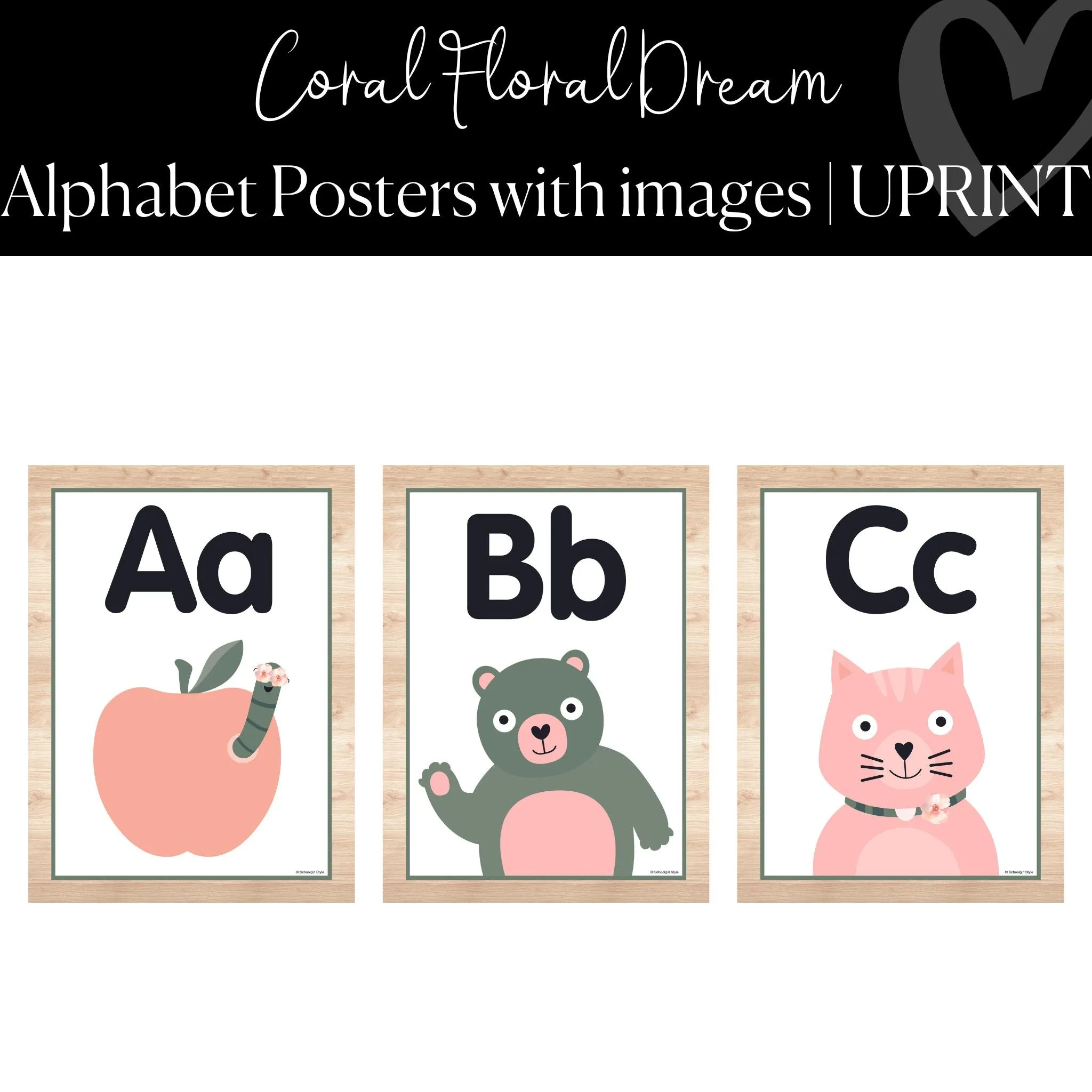 Alphabet Posters with Images | Coral Classroom Decor | UPRINT | Coral Floral Dream | Schoolgirl Style