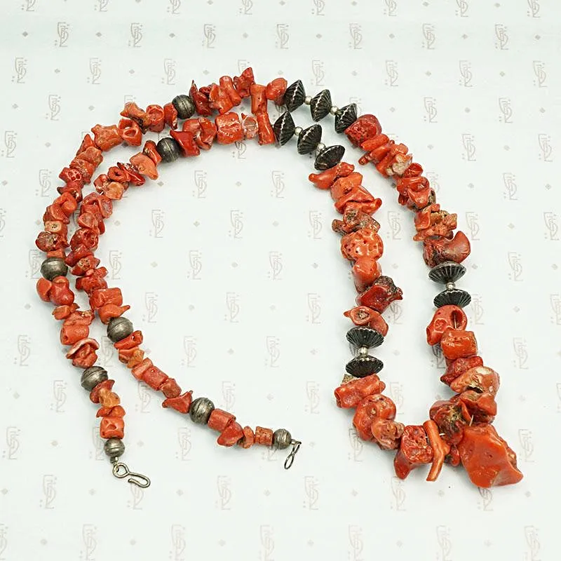 Antique Coral and Silver Navajo Bead Necklace