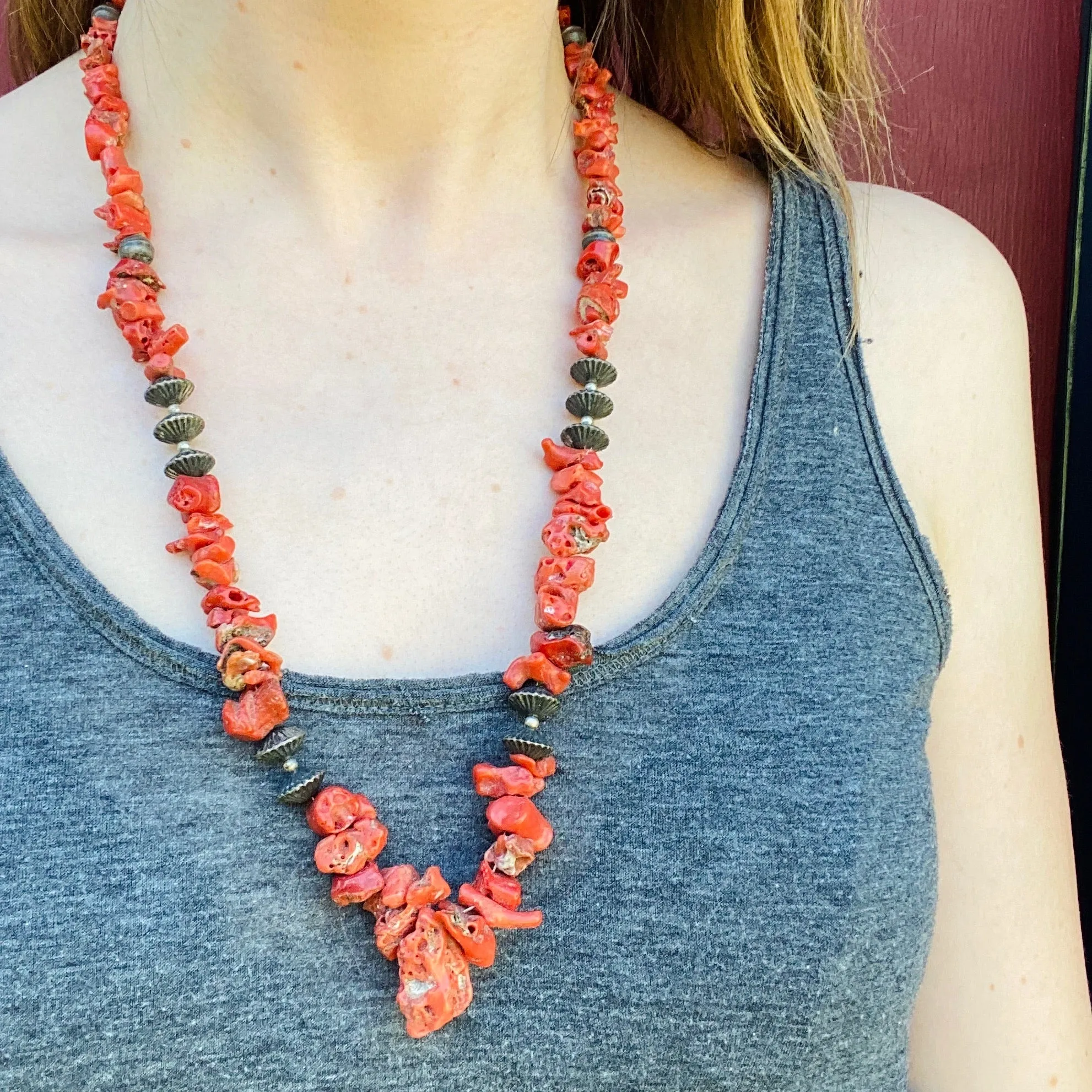 Antique Coral and Silver Navajo Bead Necklace