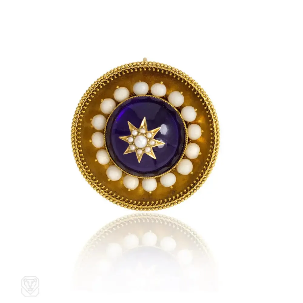 Antique gold, amethyst, coral, and pearl target brooch