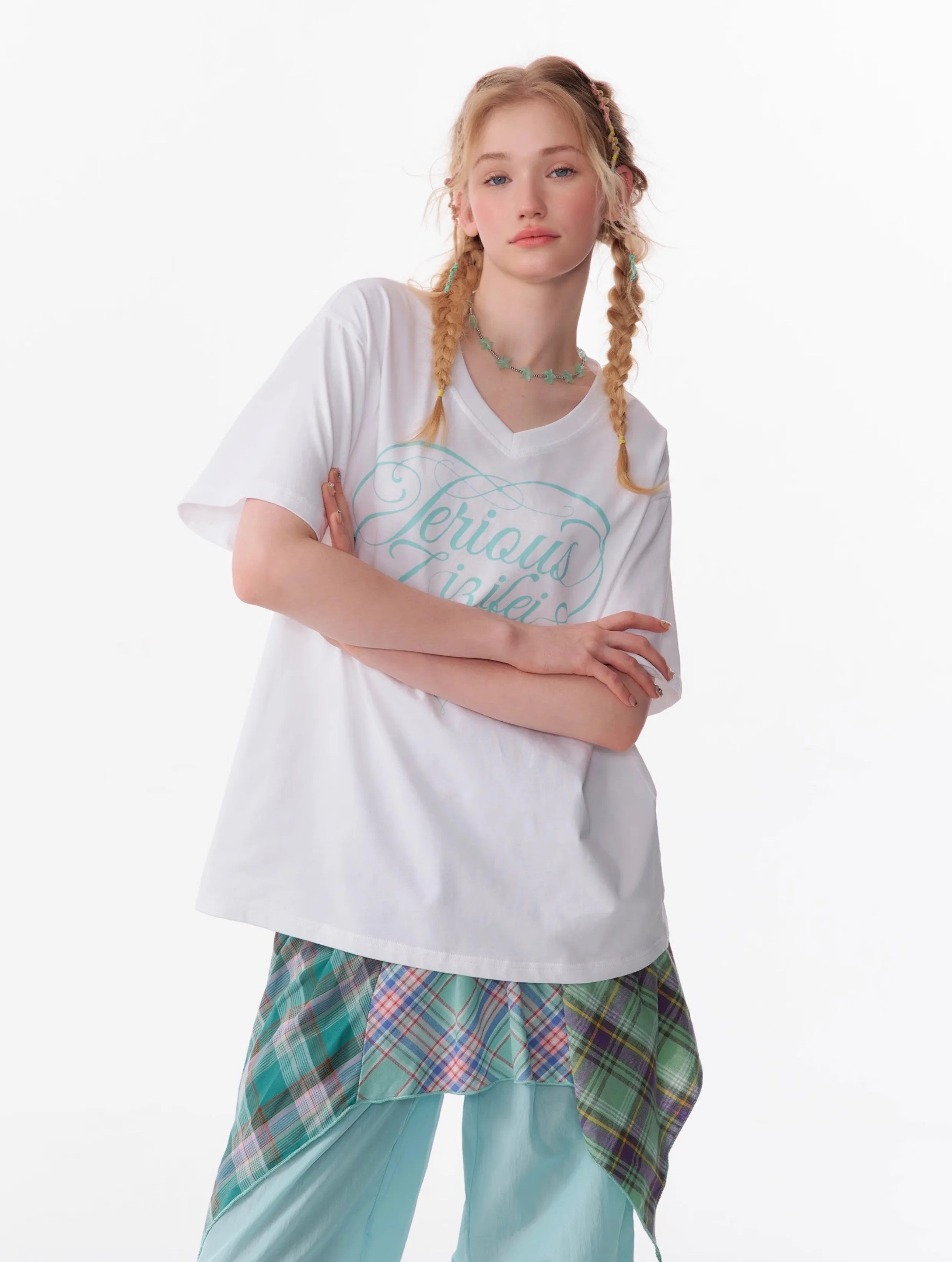 Basic Letter Print V-neck Loose Short-sleeved T-shirt ZIZ0094