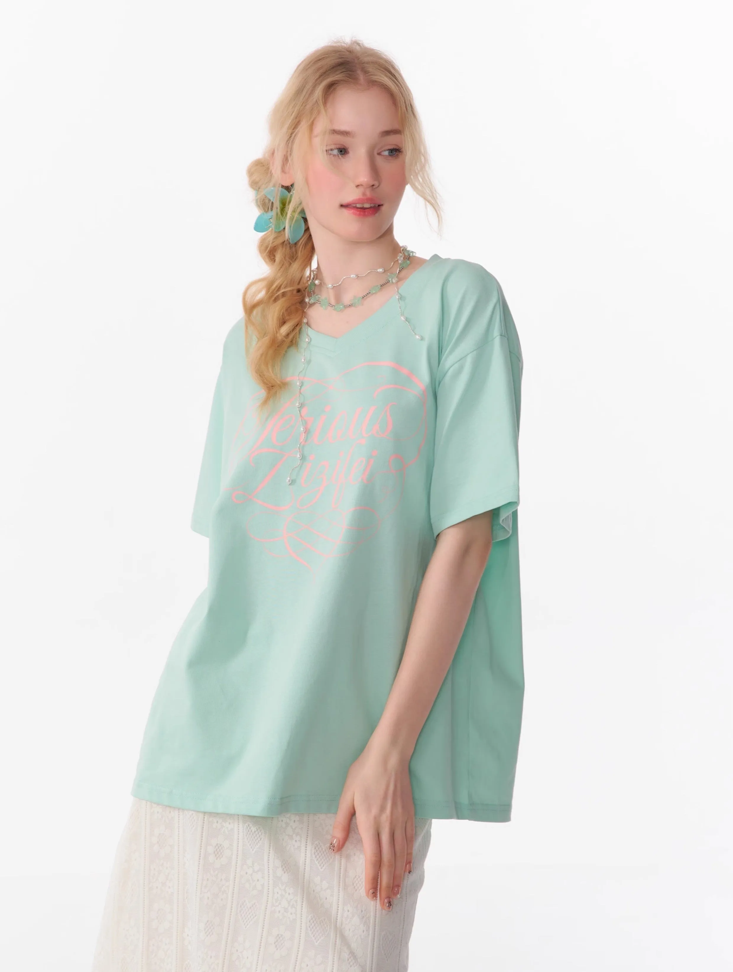 Basic Letter Print V-neck Loose Short-sleeved T-shirt ZIZ0094