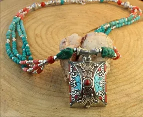 Beaded Turquoise and Coral Pendant Necklace