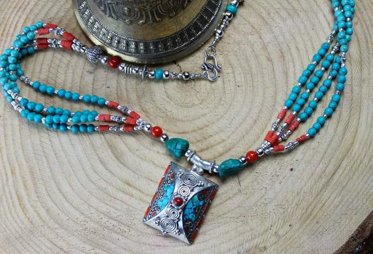 Beaded Turquoise and Coral Pendant Necklace