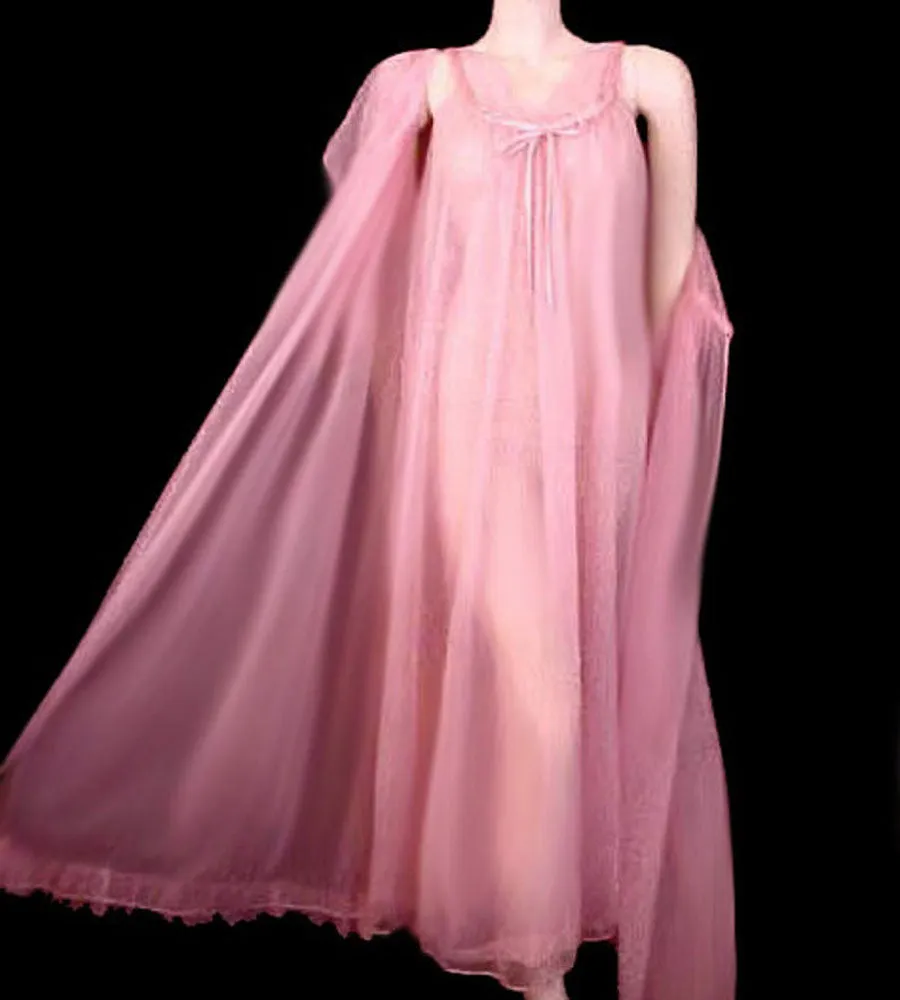 *BEAUTIFUL VINTAGE JENELLE OF CALIFORNIA LUSCIOUS ROSE DOUBLE NYLON PEIGNOIR & NIGHTGOWN SET