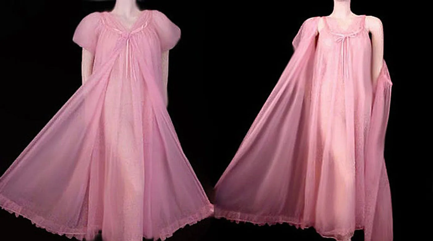 *BEAUTIFUL VINTAGE JENELLE OF CALIFORNIA LUSCIOUS ROSE DOUBLE NYLON PEIGNOIR & NIGHTGOWN SET