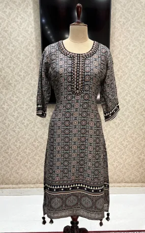 Black Mirror and Thread work with Digital Print Calf Length Kurti