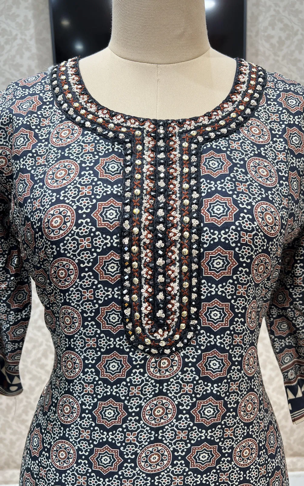 Black Mirror and Thread work with Digital Print Calf Length Kurti