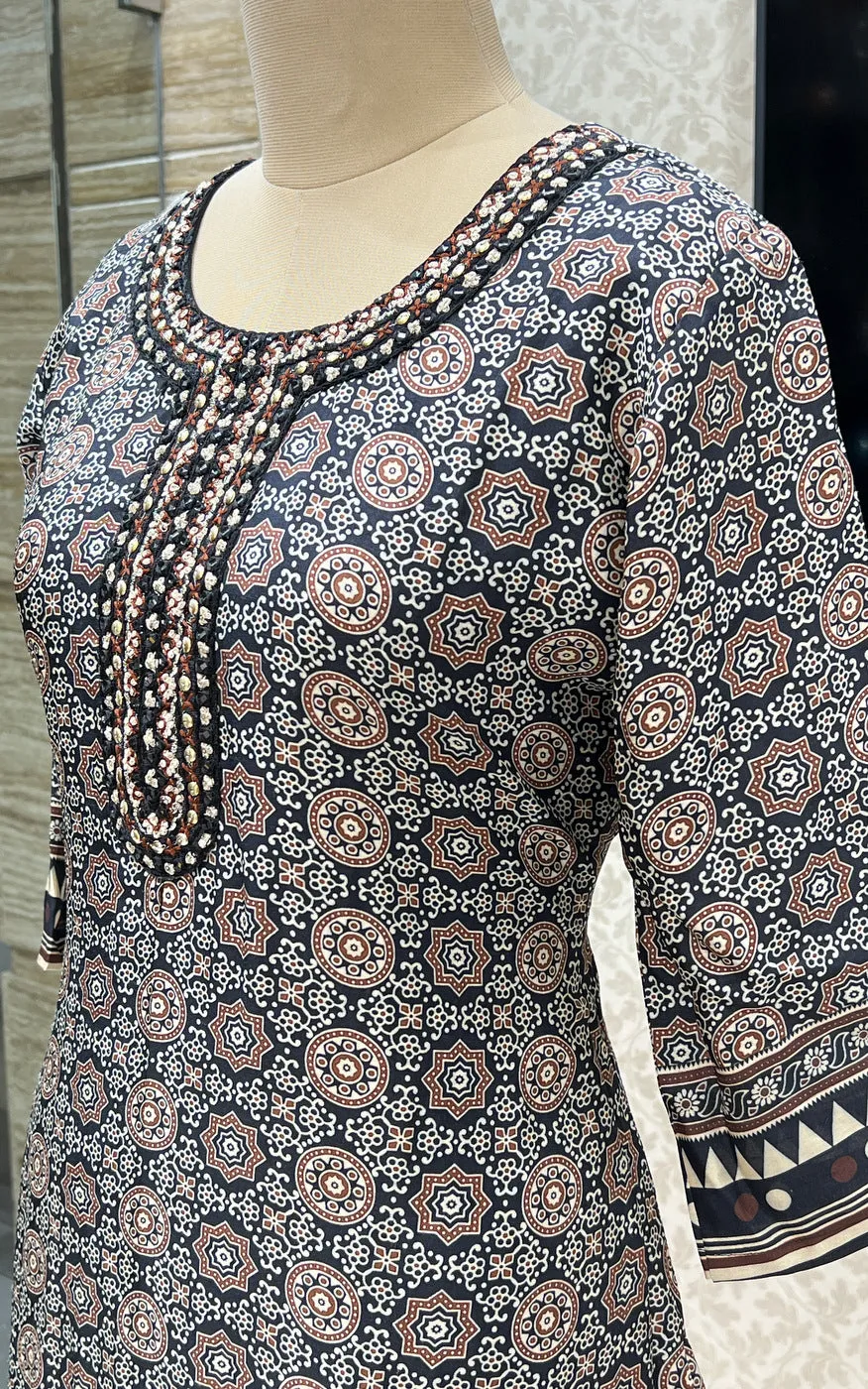 Black Mirror and Thread work with Digital Print Calf Length Kurti