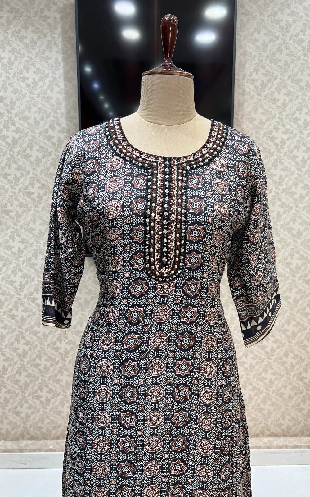 Black Mirror and Thread work with Digital Print Calf Length Kurti