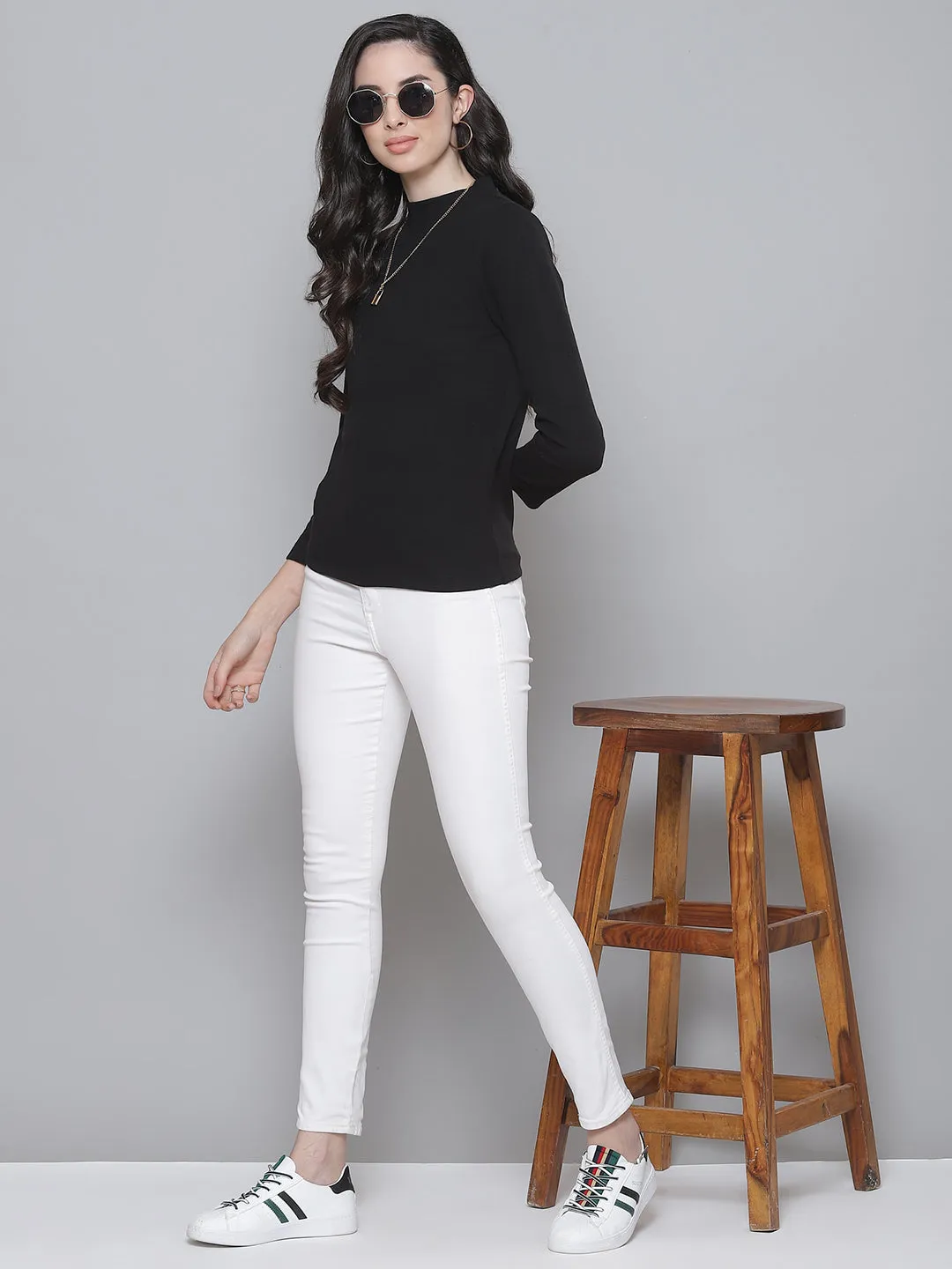 Black Rib Side Slits Turtle Neck Long Top