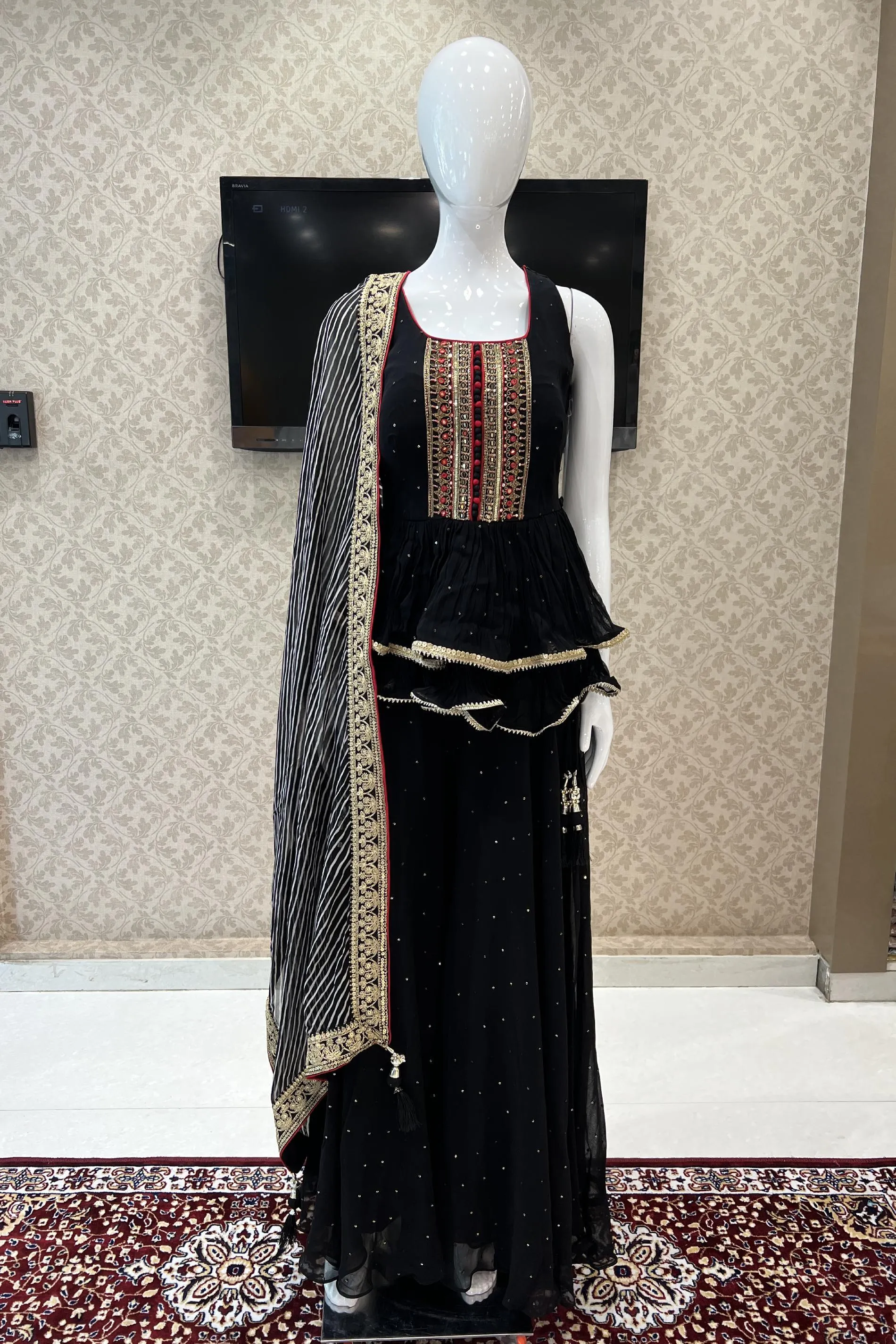 Black Stone, Mirror, Sequins, Zari and Thread work Peplum Top with Palazzo Suit Set