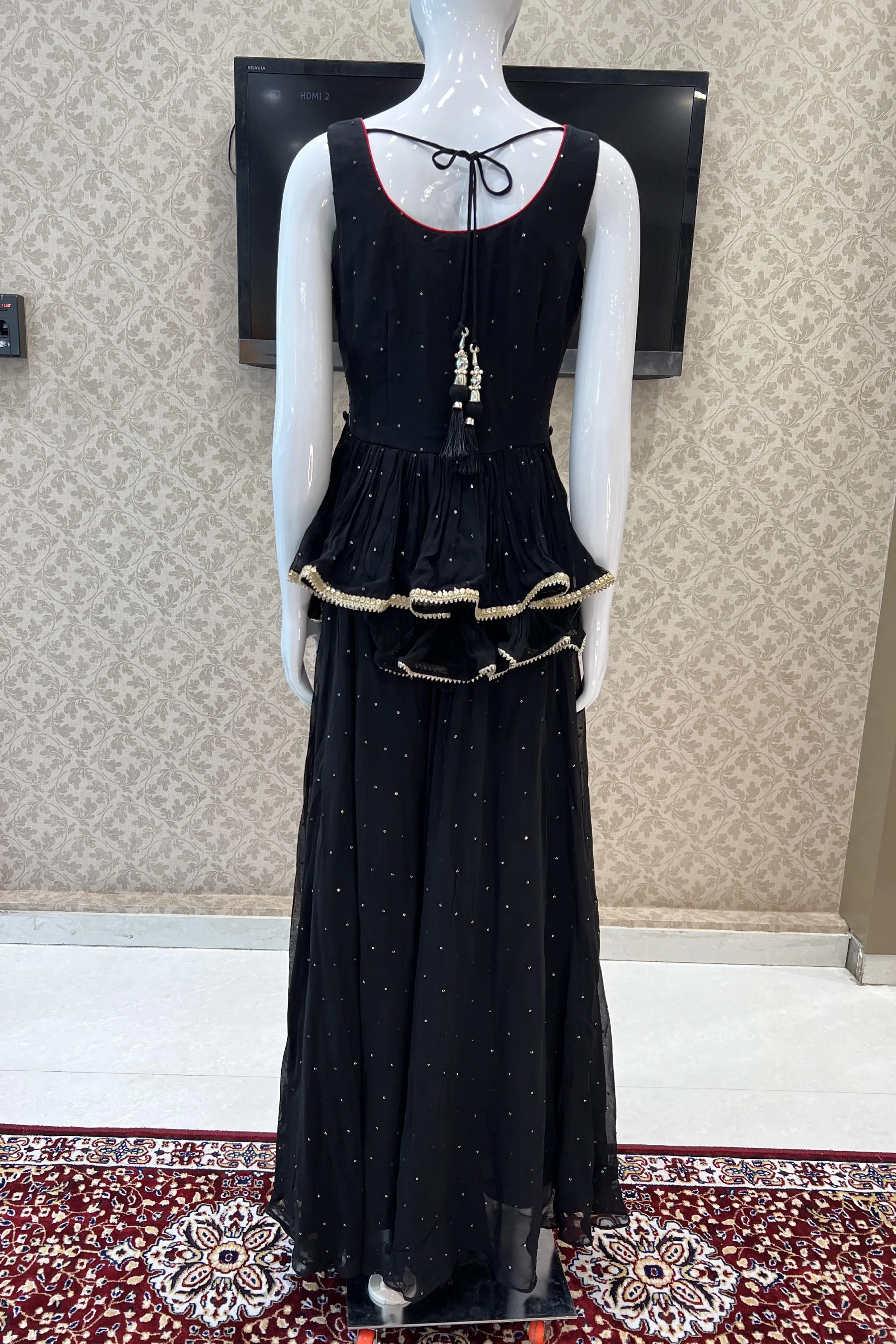 Black Stone, Mirror, Sequins, Zari and Thread work Peplum Top with Palazzo Suit Set