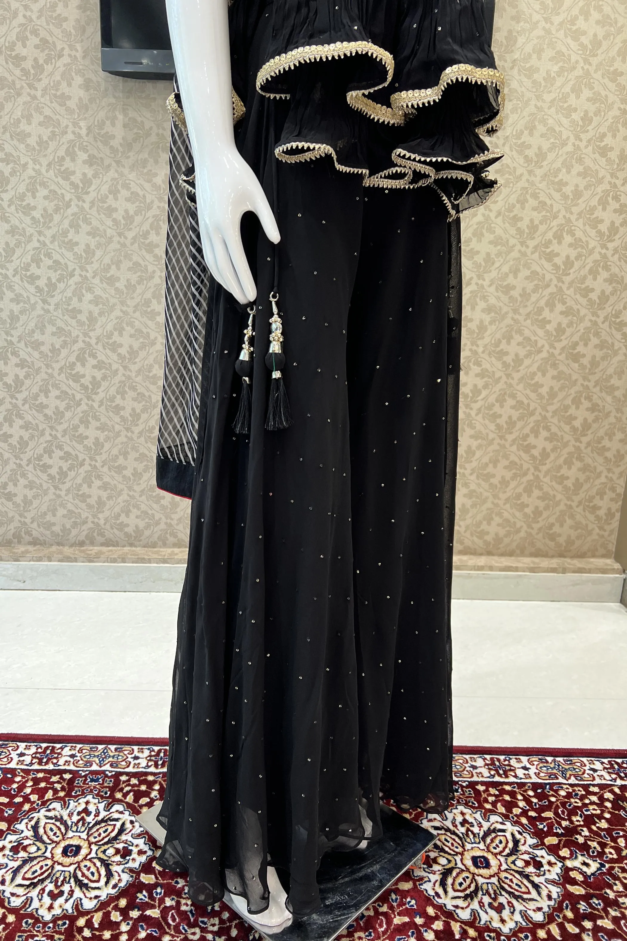 Black Stone, Mirror, Sequins, Zari and Thread work Peplum Top with Palazzo Suit Set