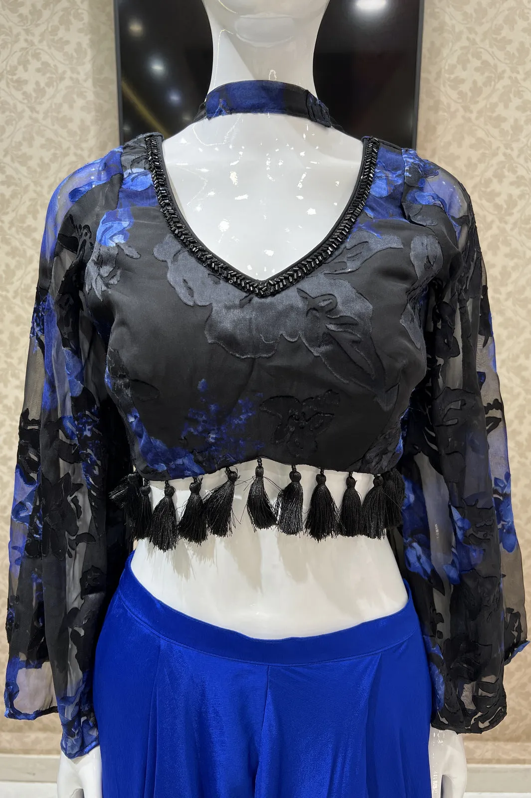 Black with Royal Blue Floral Print and Beads work Crop Top with Palazzo Pant