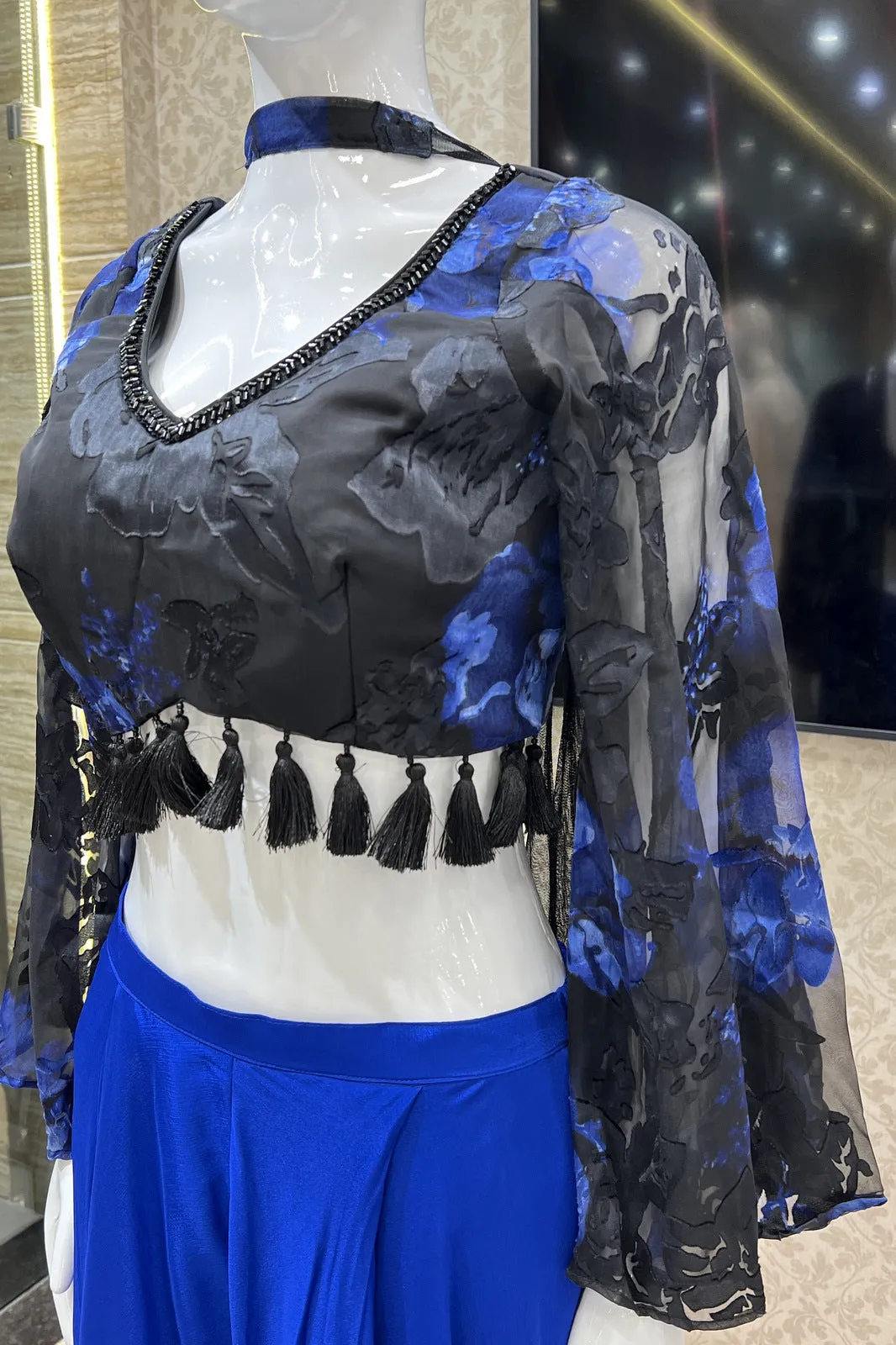 Black with Royal Blue Floral Print and Beads work Crop Top with Palazzo Pant