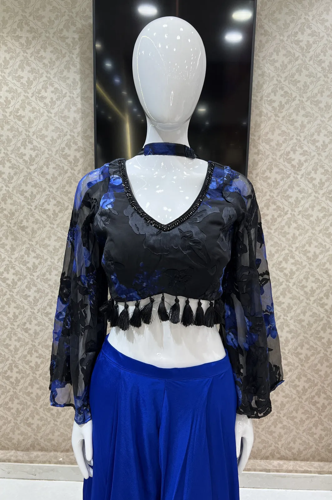 Black with Royal Blue Floral Print and Beads work Crop Top with Palazzo Pant