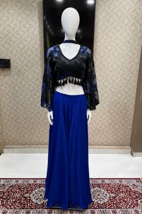 Black with Royal Blue Floral Print and Beads work Crop Top with Palazzo Pant