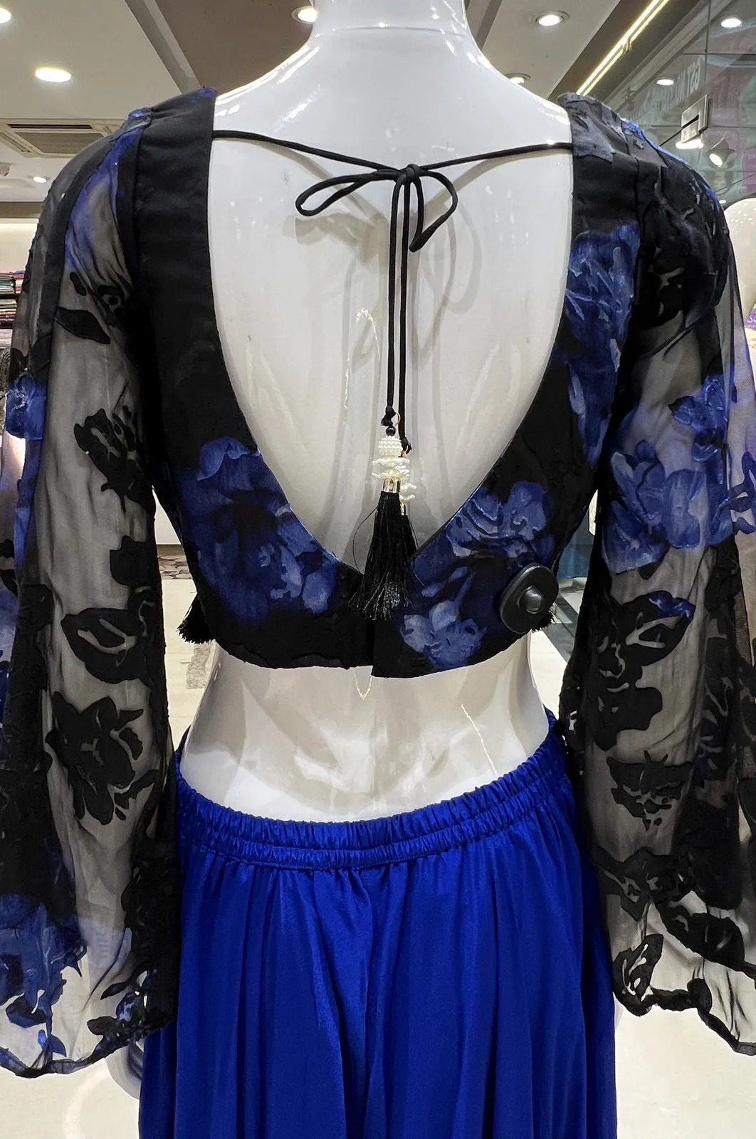 Black with Royal Blue Floral Print and Beads work Crop Top with Palazzo Pant