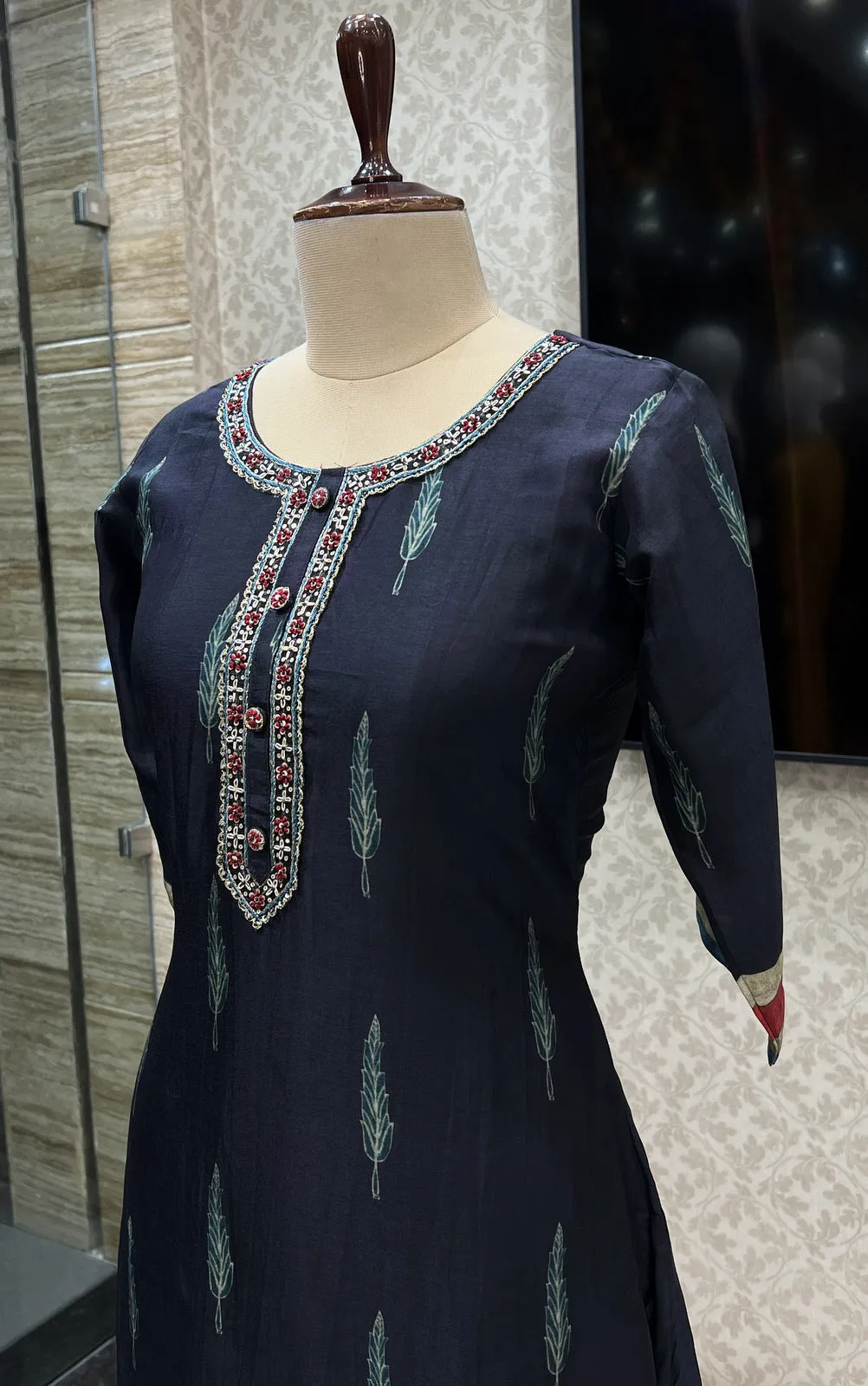 Black Zardozi, Sequins and Zari work with Printed Calf Length Kurti