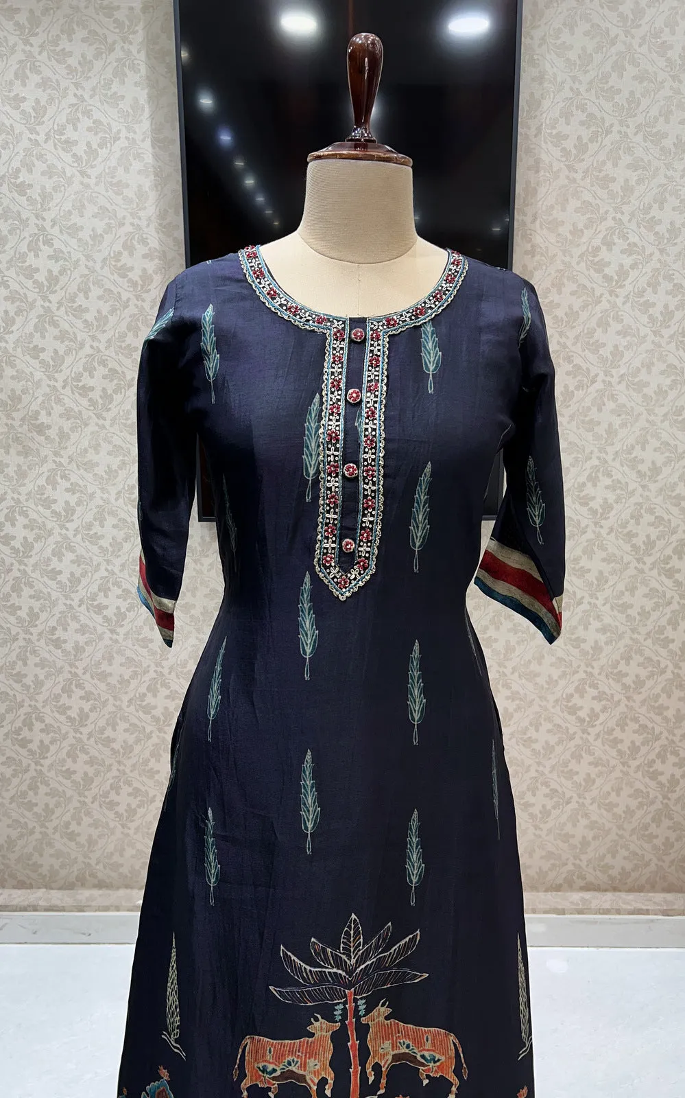 Black Zardozi, Sequins and Zari work with Printed Calf Length Kurti