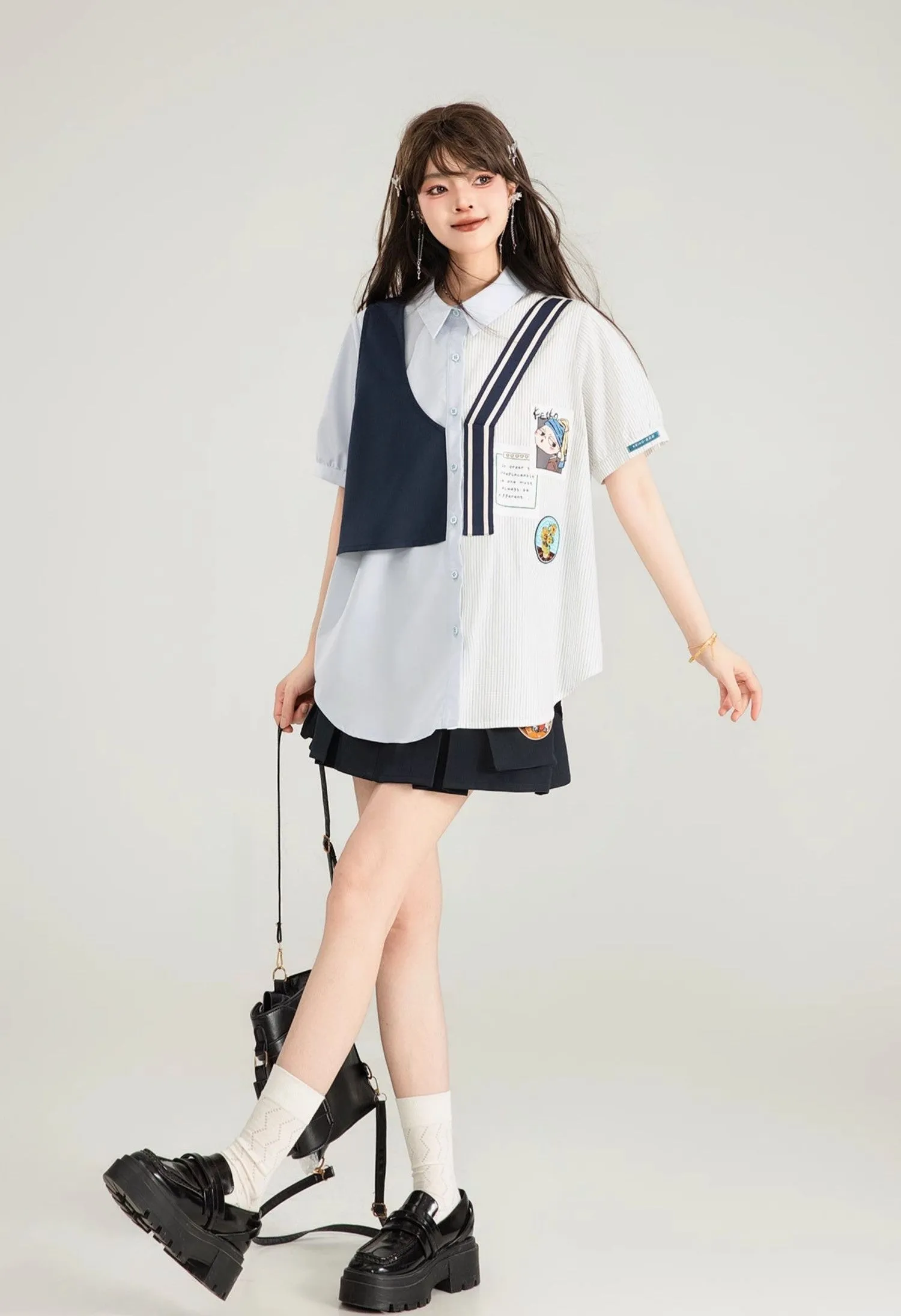 Blue And White Long/Short-sleeved Casual Shirt/Navy Skirt KEI0135