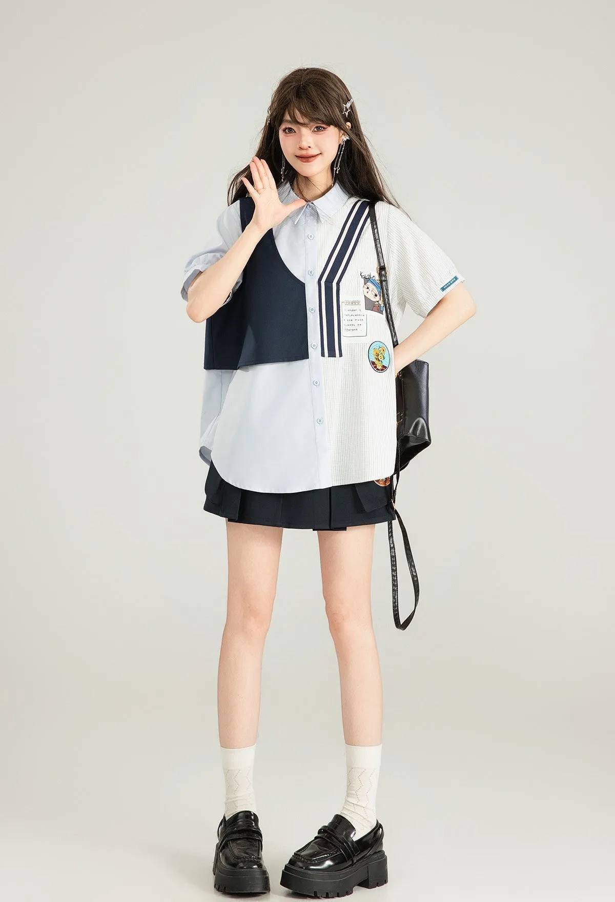 Blue And White Long/Short-sleeved Casual Shirt/Navy Skirt KEI0135