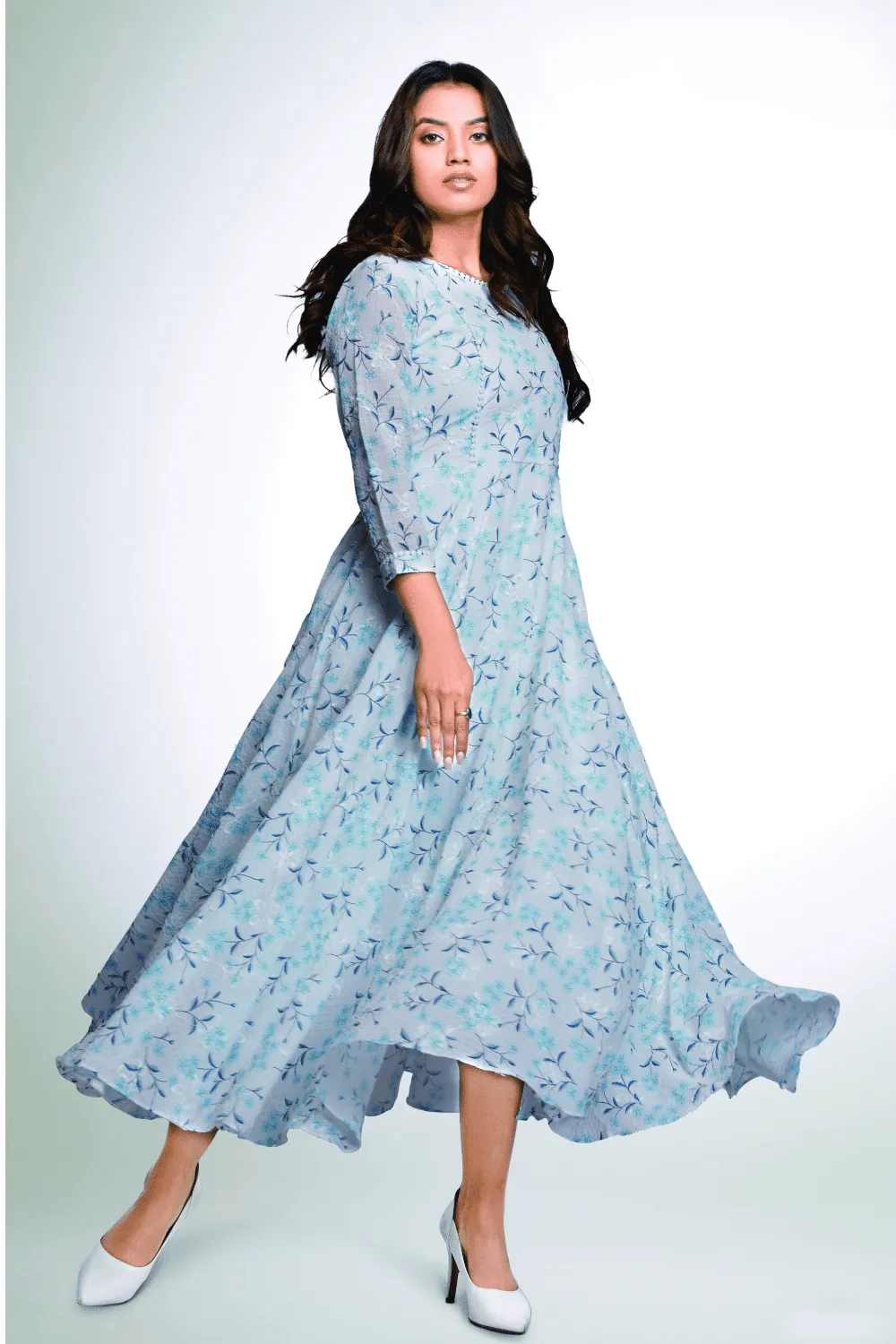 Blue Floral Print Anarkali Styled Long Kurti