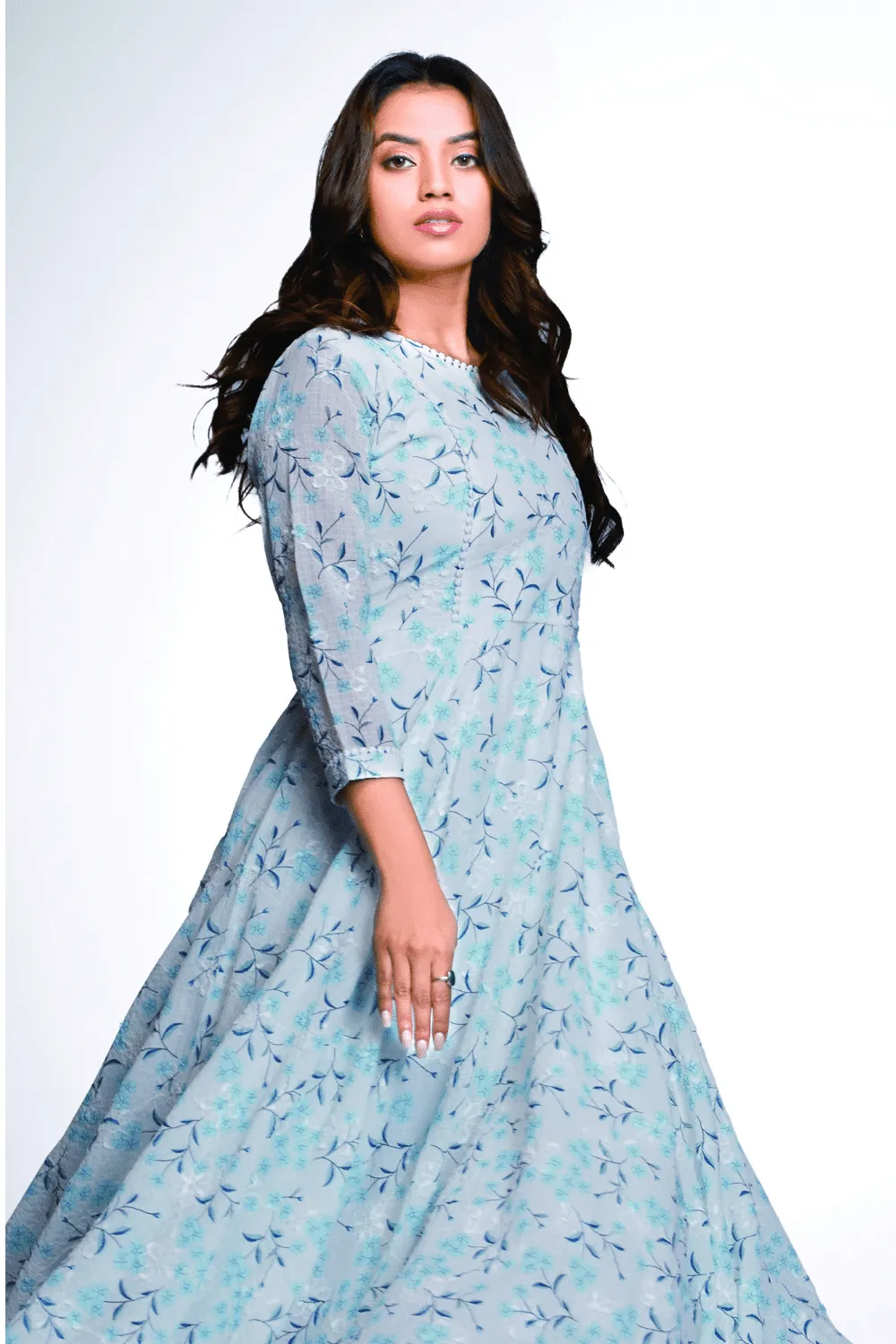 Blue Floral Print Anarkali Styled Long Kurti