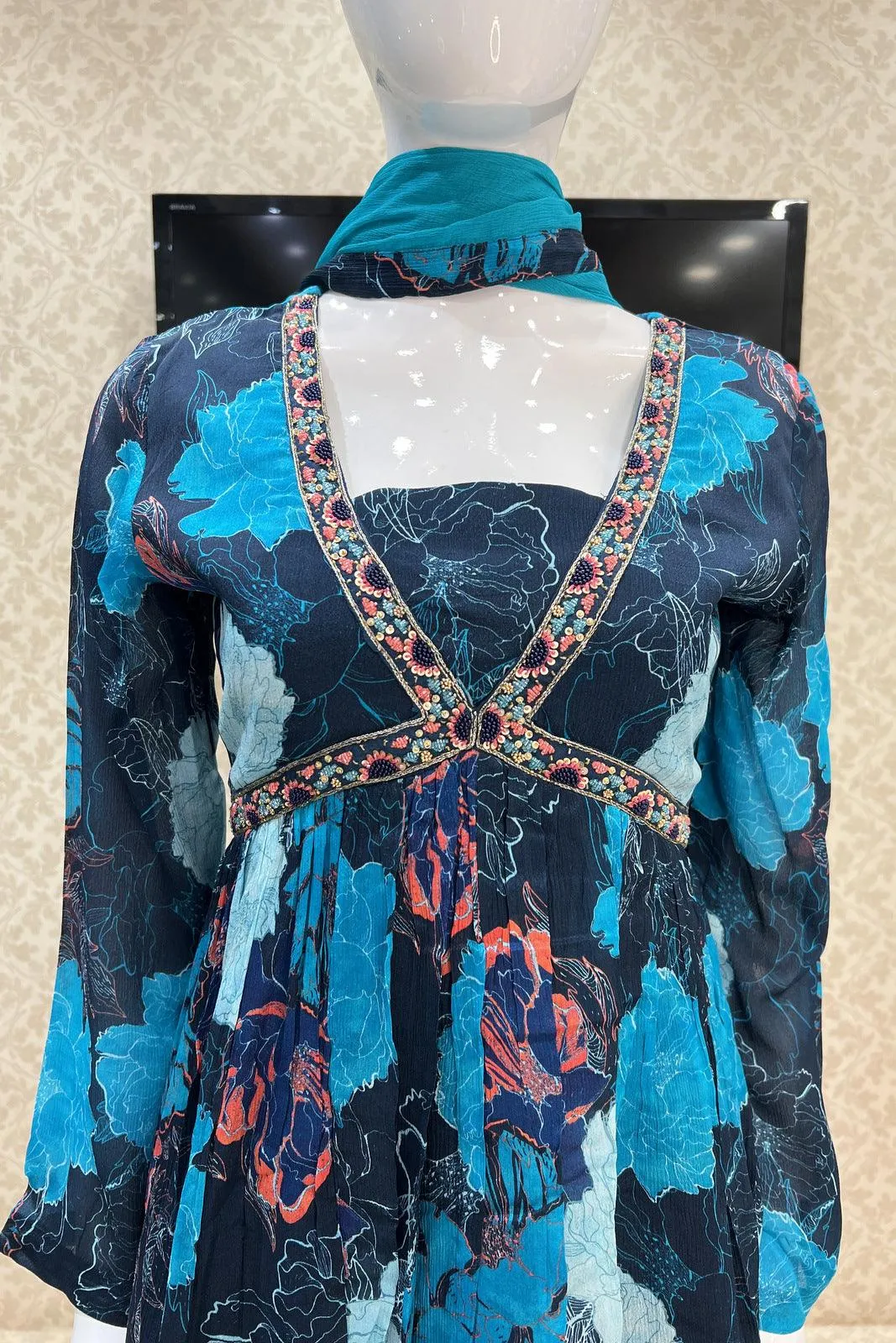 Blue Pearl, Beads and Sequins work Alia Cut Peplum Top with Palazzo Suit Set