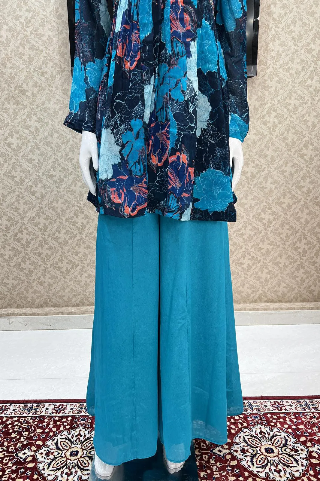 Blue Pearl, Beads and Sequins work Alia Cut Peplum Top with Palazzo Suit Set