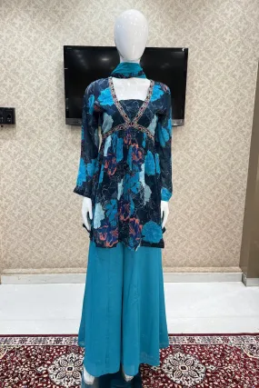 Blue Pearl, Beads and Sequins work Alia Cut Peplum Top with Palazzo Suit Set