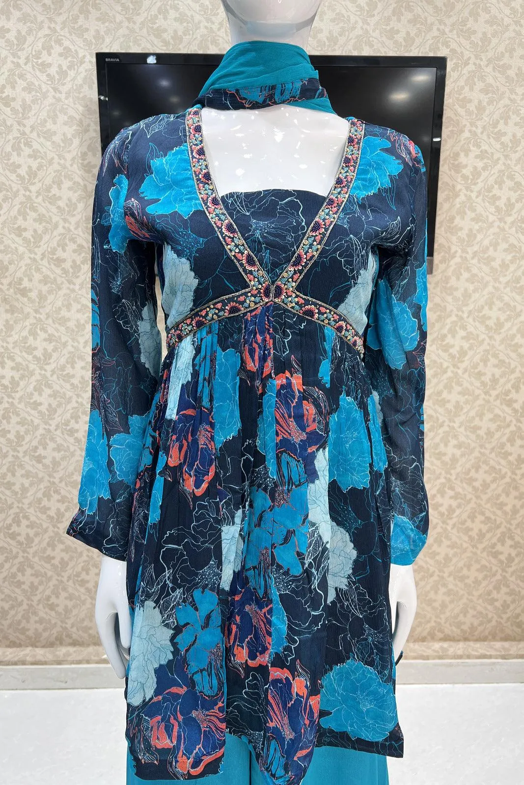 Blue Pearl, Beads and Sequins work Alia Cut Peplum Top with Palazzo Suit Set