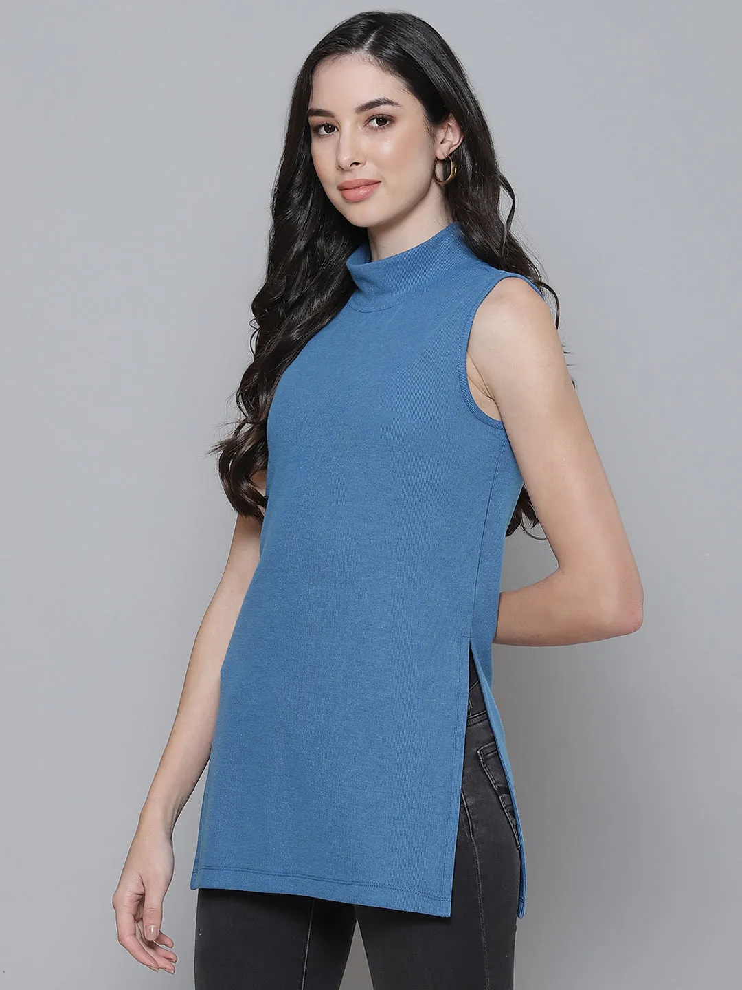 Blue Rib Side Slits Turtle Neck Long Top