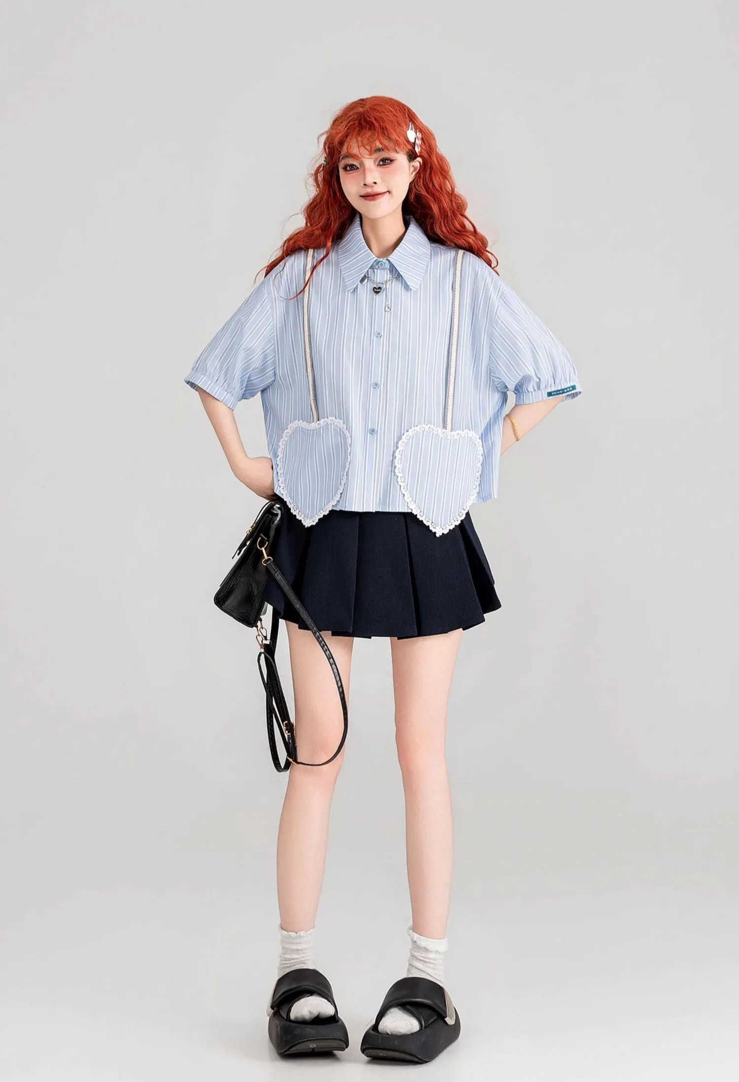 Blue Striped Heart-Shaped Pocket Short-Sleeved Shirt/Skirt KEI0087