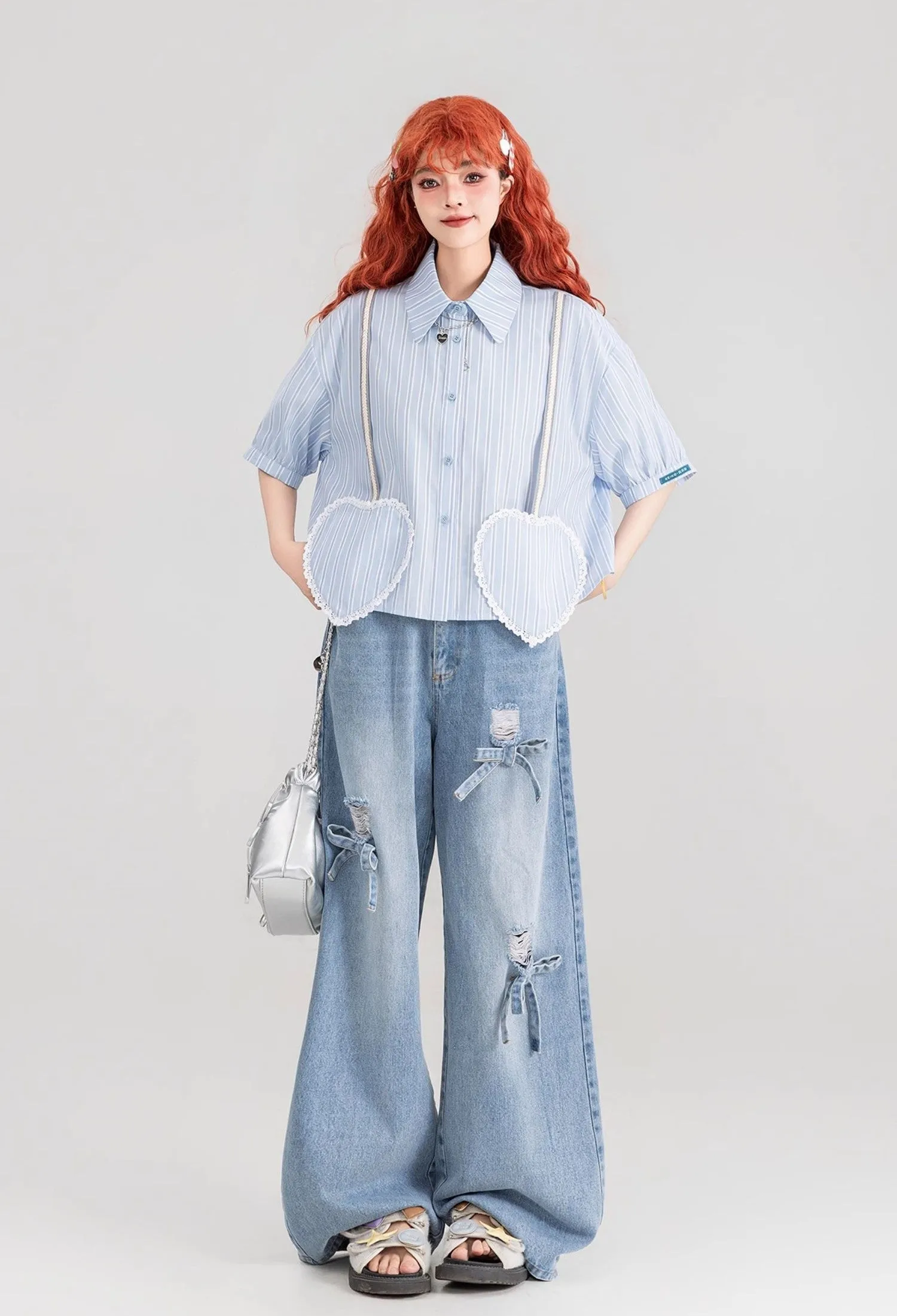 Blue Striped Heart-Shaped Pocket Short-Sleeved Shirt/Skirt KEI0087