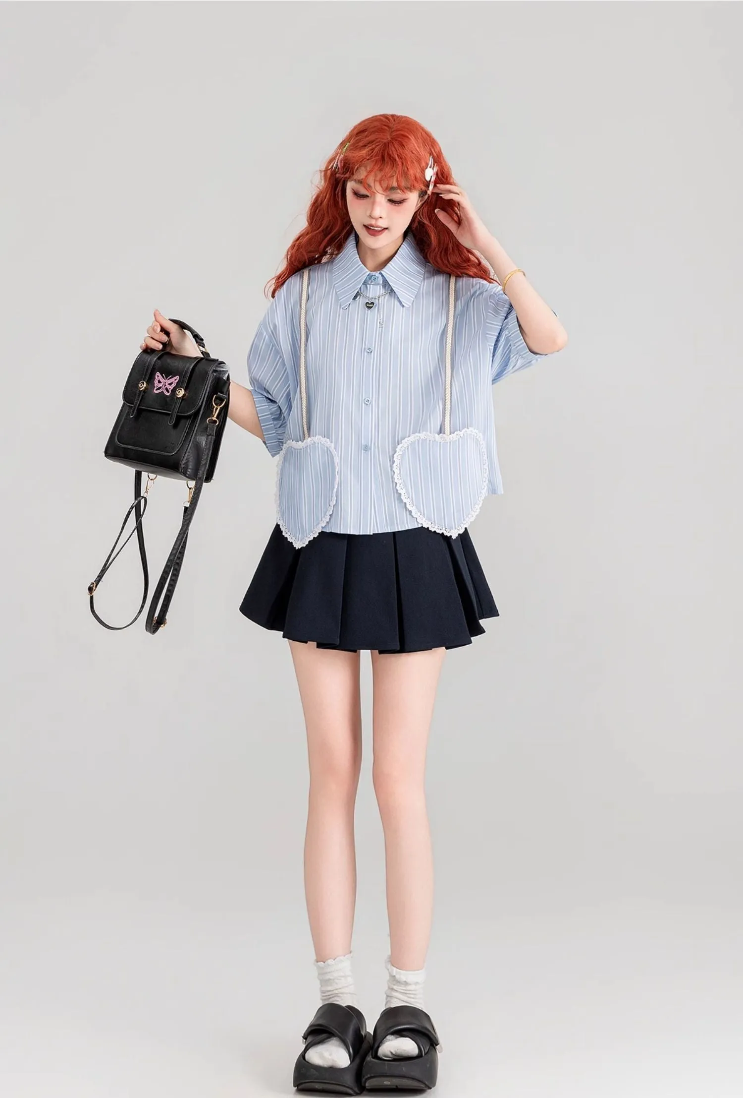 Blue Striped Heart-Shaped Pocket Short-Sleeved Shirt/Skirt KEI0087